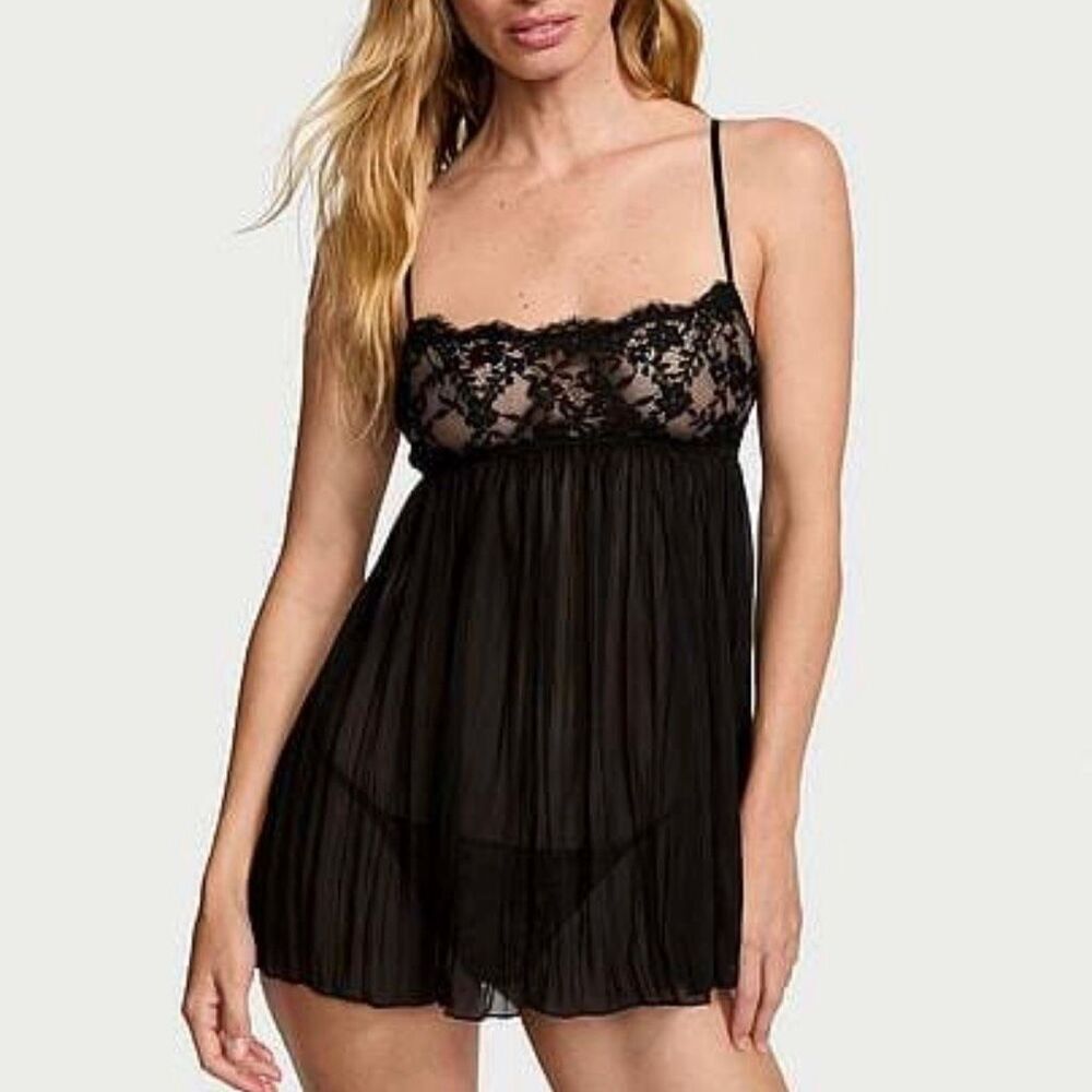 Victoria’s Secret Dare To Lace Pleated Babydoll Dress Nightie Size M Black
